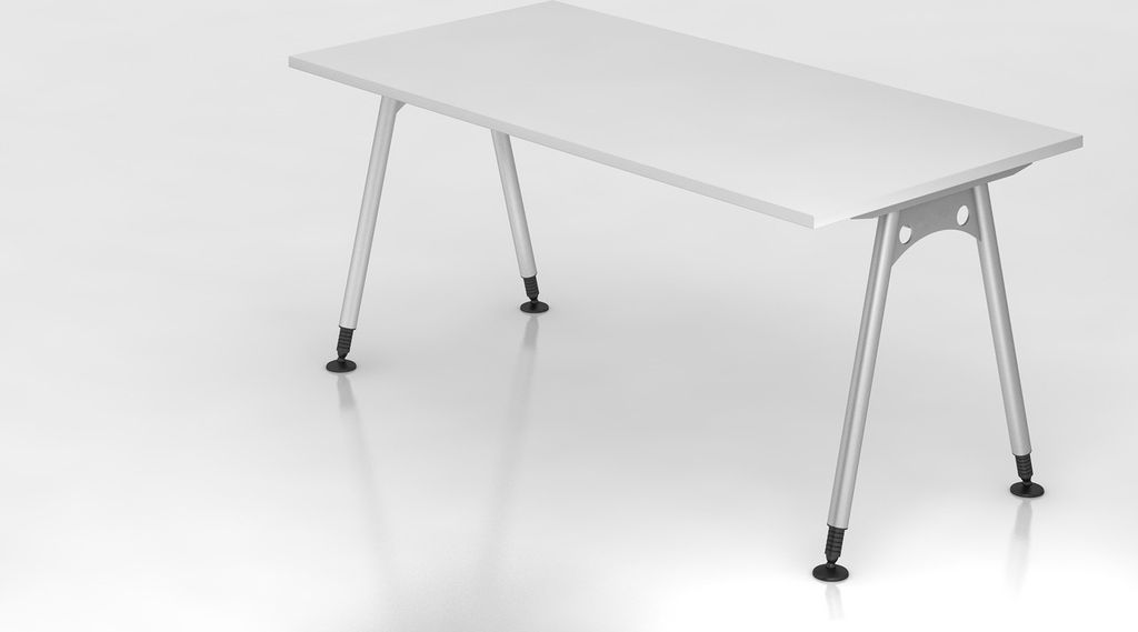 Schreibtisch Keijo | Weiß | BxT 160x80cm | Höhe 68-76cm | stufenlos höhenverstellbar | A-förmiges Rundrohrgestell Silber | Rechteckform