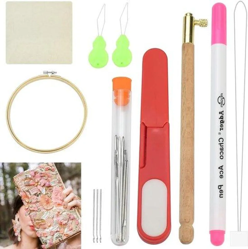 Kit broderie avec manche en bois et fil à tapisserie - Set de 12 pièces