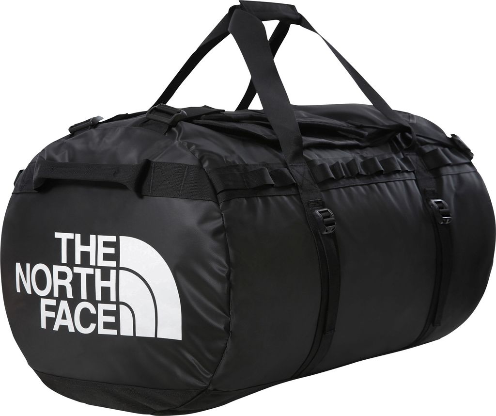 A black duffel bag with white lettering.