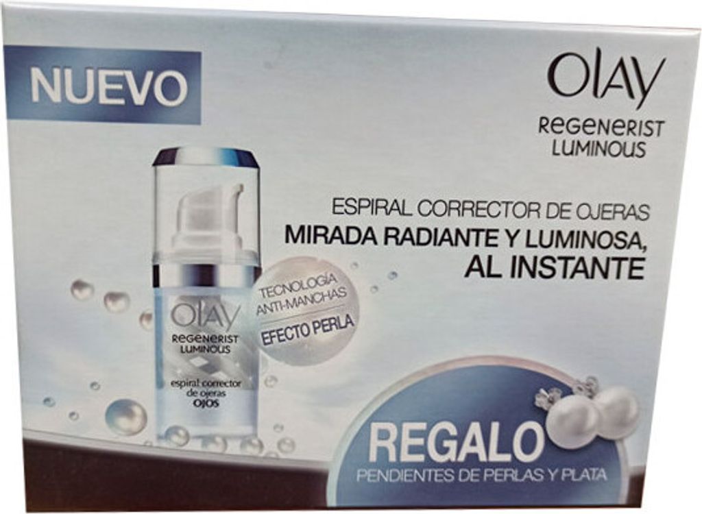 The image shows the packaging of an Olay Regenerist Luminous eye cream, which includes a gift of pearl and silver earrings.