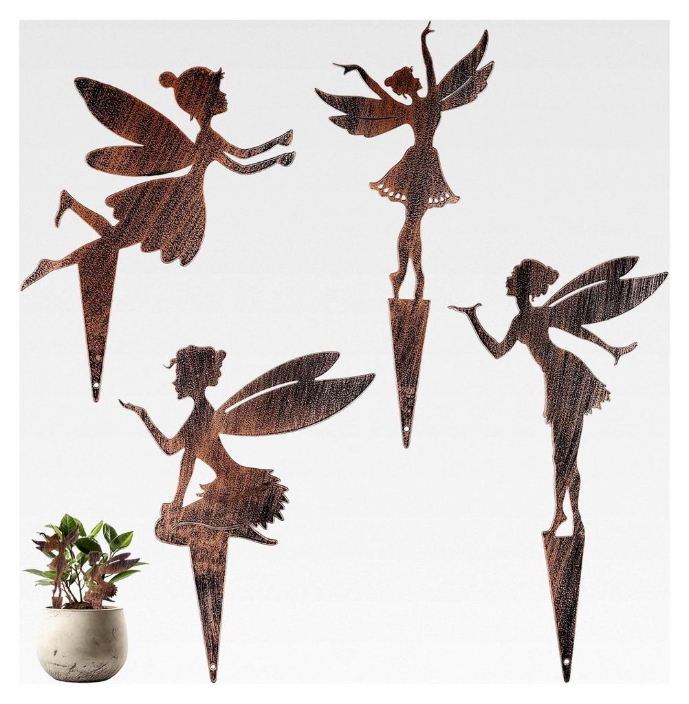 4 Stück Gartenstecker, Gartendekoration Rost, Elfen Figuren für den Garten, Rost Gartenstecker, Metallstecker Elfe, Rostdeko Gartenfigur, wetterf...