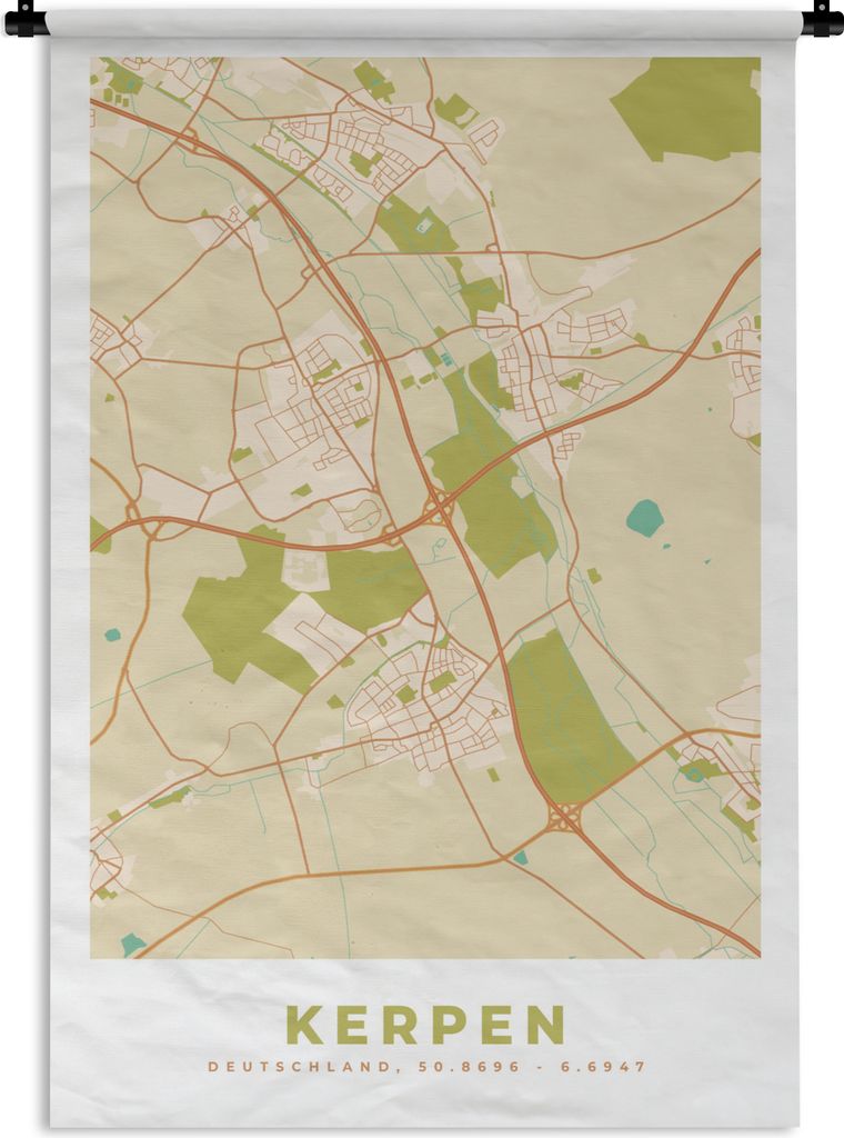 MuchoWow Wandteppich Wandbehang Kerpen - Karte - Vintage - Stadtplan 120x180 cm Tapisserie Dekoration Wandtuch - Schlafzimmer - Dekorationen für...