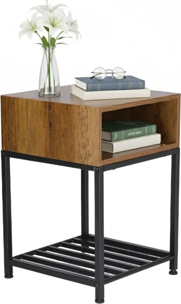 Table de chevet avec étagère et rangement grille en métal style industriel