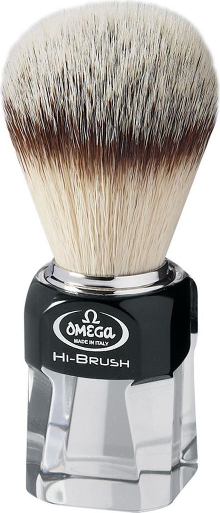 Omega Rasierpinsel Hi-Brush Kunsthaar mit Dachshaareffekt, schwarzer, transparenter Griff, 11 cm