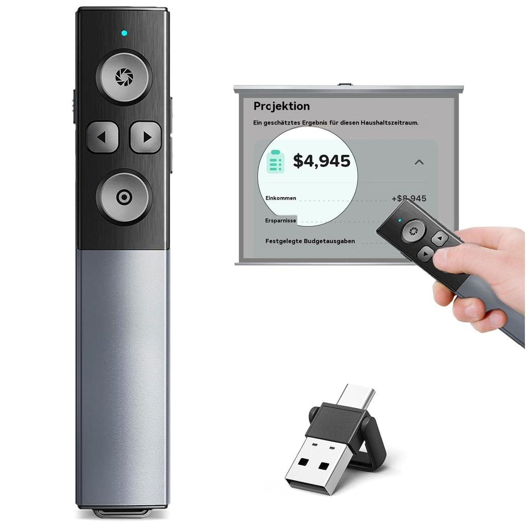 Metallgehäuse digitaler Wireless Presenter für Präsentationen mit Highlight Lupe Maus Timer, USB/Type-C 2 in 1 wiederaufladbar