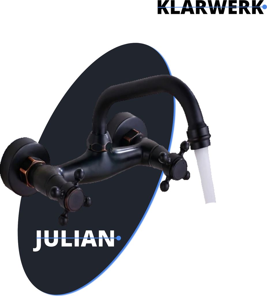 JULIAN | Retro Mischbatterie Wandmontage Armatur Schwarz | Küche Bad Vintage Wasserhahn Wand altmodisch Edelstahl - Gastronomie 360° drehbar