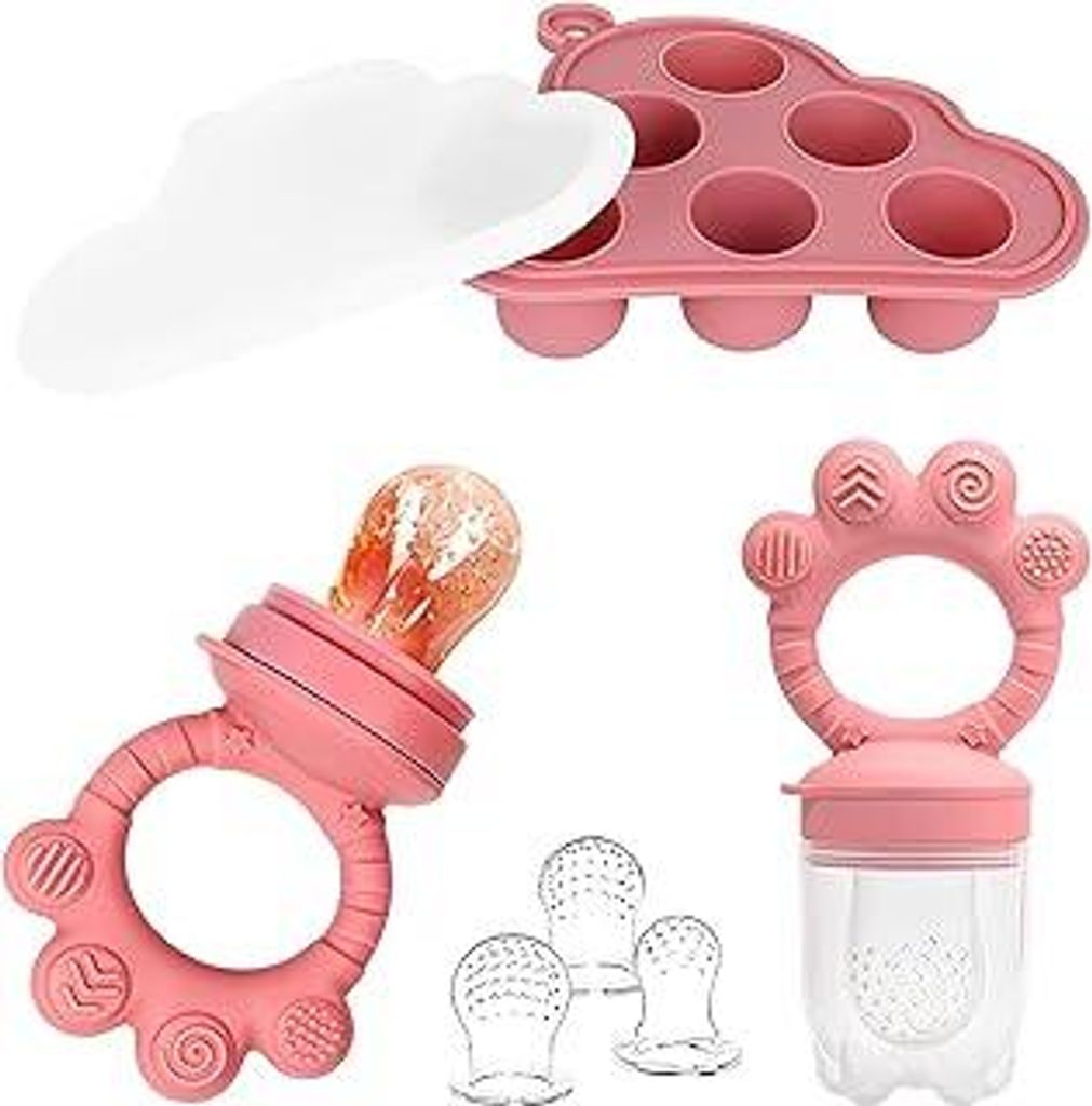 Fruchtsauger Baby mit Eiswürfelform BPA-frei, Silikon Obstschnuller mit 3 Sauger (G/M/K), Schnuller für Obst Gemüse Brei Beikost, Babybrei Einfr...