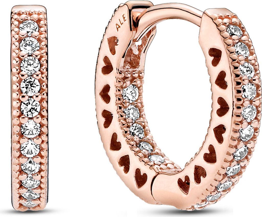 A pair of rose gold hoop earrings with clear stones and heart cutouts.