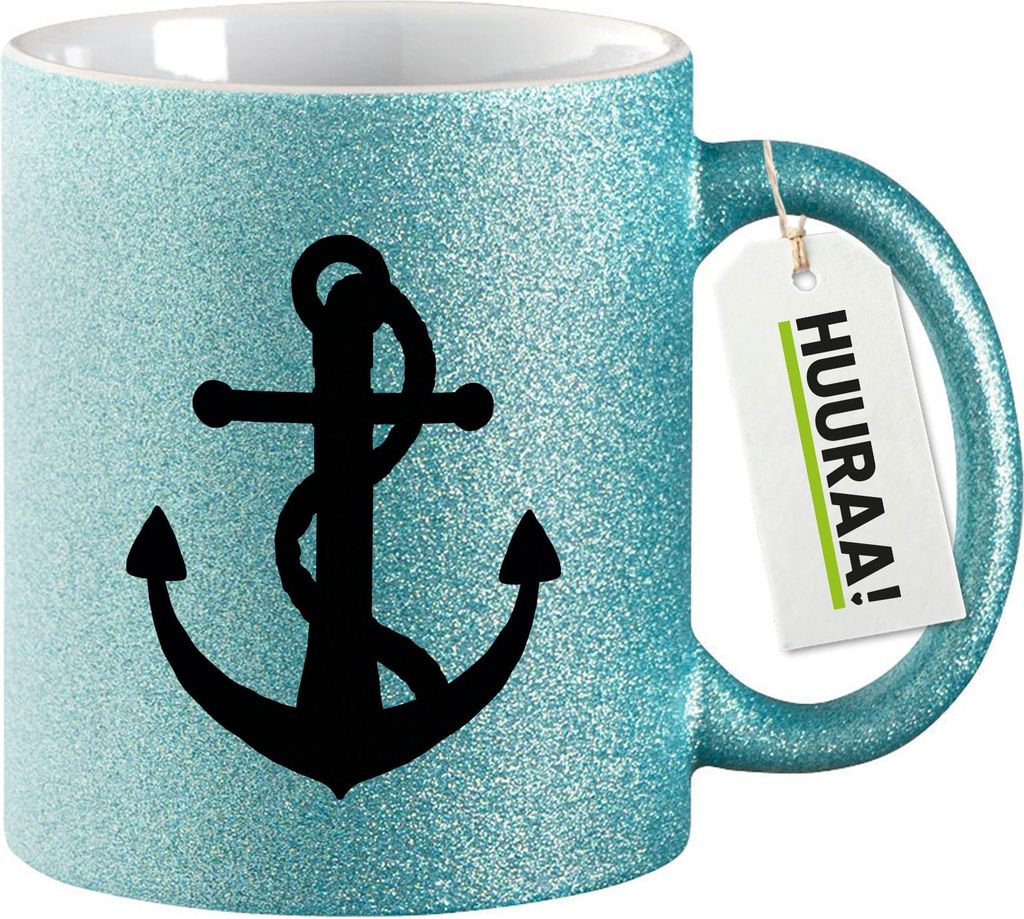 Huuraa Glitzertasse Anker Ankor 330ml Blau Keramik Kaffeebecher Geschenkidee