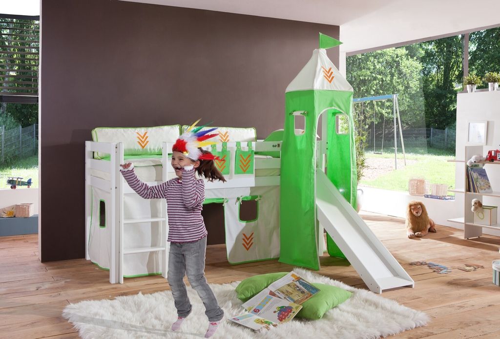 Einzelbett Alex Buche massiv 90x200 cm Weiß lackiert mit Stoff-Set und Rutsche