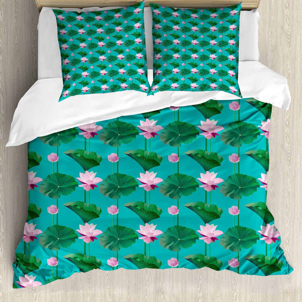 ABAKUHAUS Blau und Pink Bettbezug Set für Einzelbetten, Lotus-Blätter, Milbensicher Allergiker geeignet mit Kissenbezug, 155 cm x 220 cm - 80 x 8...