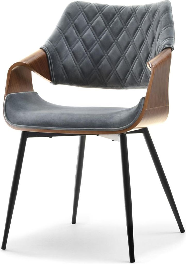 A studio shot of a modern armchair with a walnut frame, gray upholstered seat and back, and black metal legs.