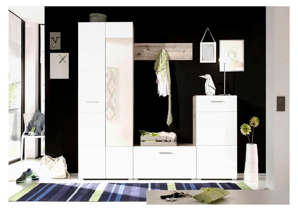 Flurgarderoben Set in Weiß Hochglanz/Sandeiche Optik - Kompakte 4-teilige Garderobe für den Eingangsbereich - 195 x 195 x 36 cm (B/H/T)