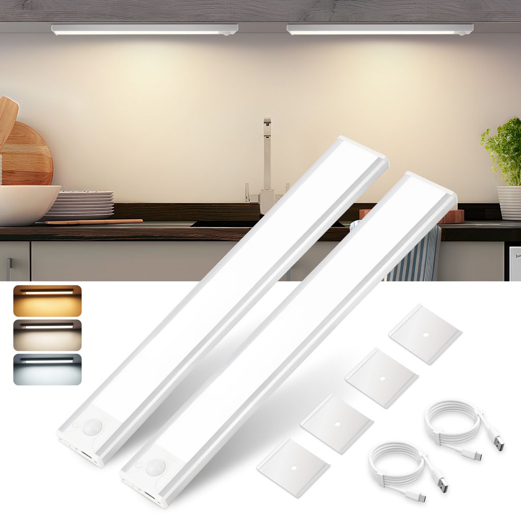 ZMH Unterbauleuchte Küche Led Dimmbar 30CM 2 Stück Schrankbeleuchtung mit Bewegungsmelder 3 Farbtemperatur Schranklicht USB Wiederaufladbar Küch...