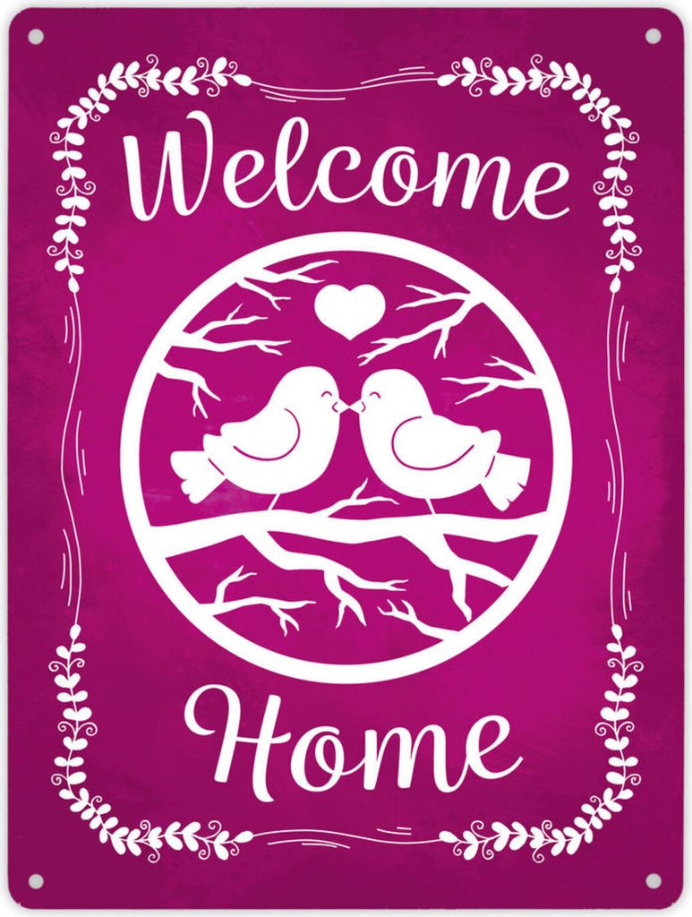 Welcome Home mit niedlichen Vögeln Metallschild XL in 21x28 cm in magenta