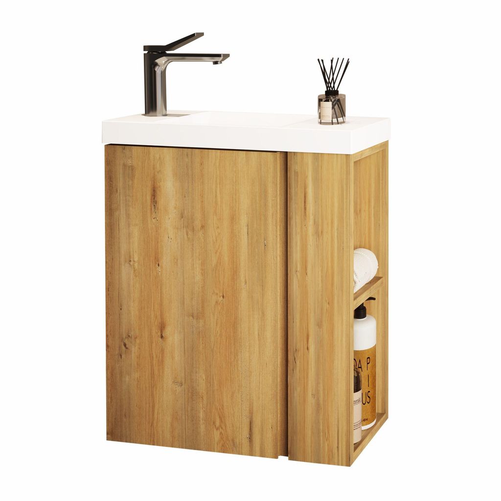 JINDOLI Waschtisch mit Unterschrank 55 cm, Vormontiert, Waschbecken aus Mineralguss mit silberner Armatur, Kompaketes Badmöbel-Set, Natur Eiche