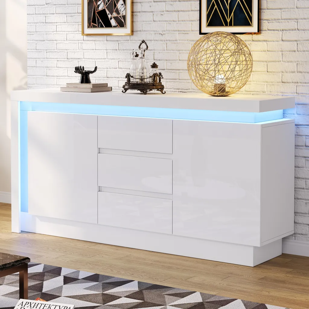Merax Sideboard LED 140cm Blanc, Commode Brillante avec 3 Tiroirs