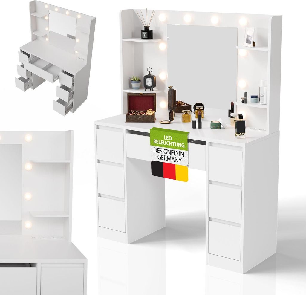 Juskys Schminktisch Malia mit LED, 7 Schubladen & großem Produktbild 