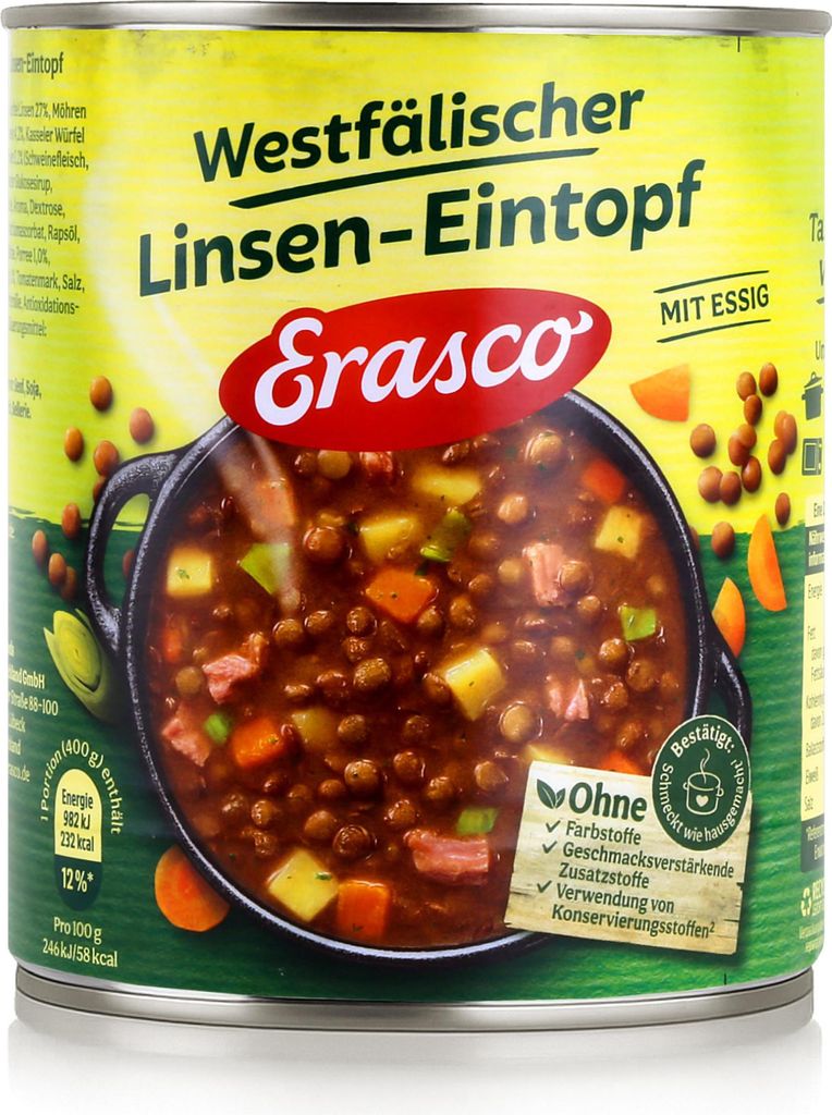 A close-up of a can of Erasco Westfälischer Linsen-Eintopf (Lentil Stew).
