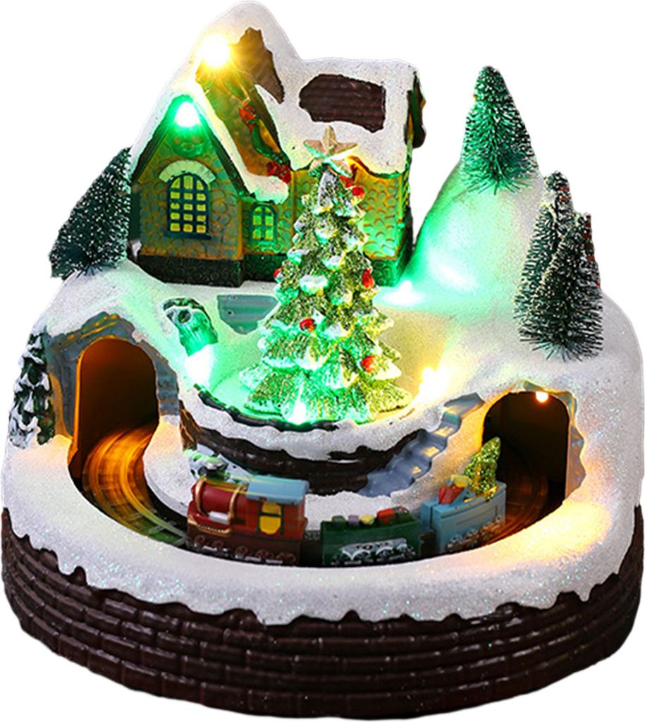 Weihnachtsdekoration, bunte Lichter, Musik, rotierender Zug, Kunstharz, Ornament für Weihnachten, Geschenk, Heimdekoration, Weihnachtsbaum