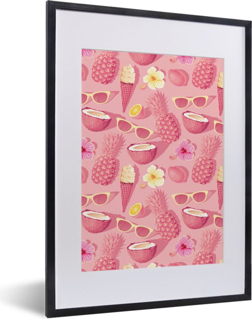 MuchoWow Gerahmtes Poster Sommer - Muster - Rosa - Pastell 30x40 cm - Poster mit Schwarzem Bilderrahmen Wandposter Rahmen Foto Bilder - Wandposte...