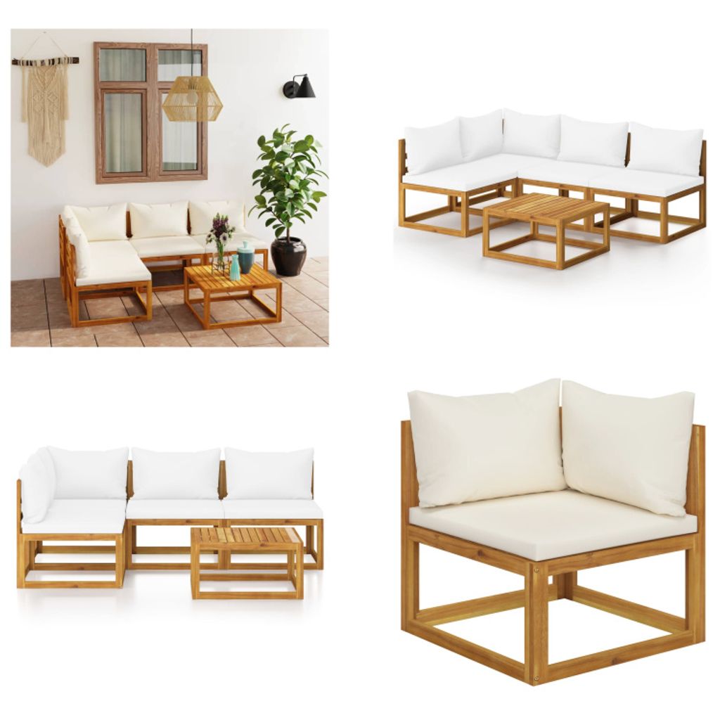 vidaXL 5 tlg. Garten Lounge Set mit Auflagen Creme Massivholz Akazie - Garten-Lounge-Set - Garten-Lounge-Sets - Modulares Sofa-Set - Modulare Sofa-...
