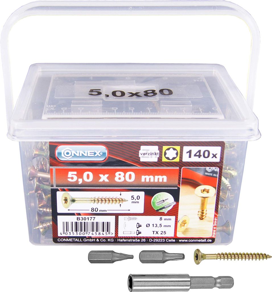 Connex Universalschrauben 5,0 x 80 mm - 140 Stück im Set - Senkkopf - TX-Antrieb - Teilgewinde - Gelb verzinkt - Inkl. Magnethalter & 2 Bits / Sch...