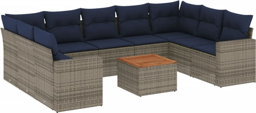 10-tlg. Garten-Sofagarnitur mit Kissen Grau Poly Rattan