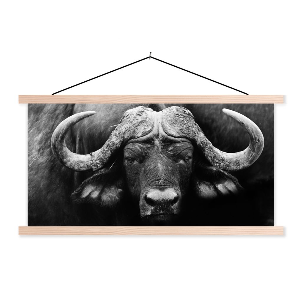 MuchoWow Textilposter Tiere - Büffel - Schwarz - Weiß - Porträt 60x30 cm mit holzfarbenen Rahmen - Dekoration