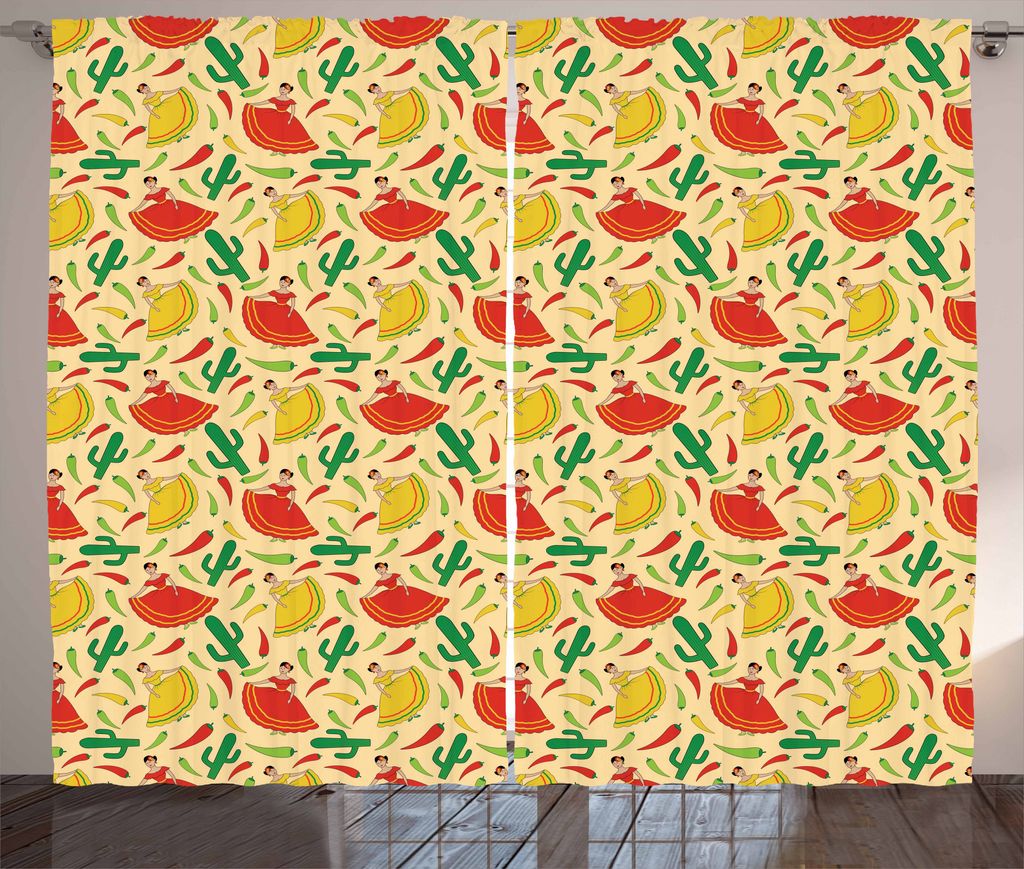 ABAKUHAUS Spanisch Rustikaler Gardine, Tanzen mexikanische Frau, Schlafzimmer Kräuselband Vorhang mit Schlaufen und Haken, 280 x 175 cm, Grüne Ve...