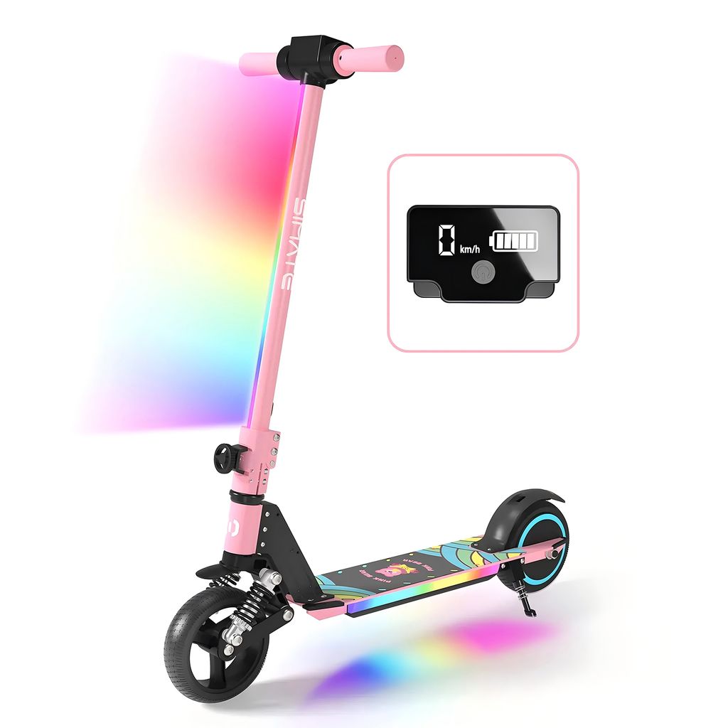 Elektroscooter Kinder Klappbar E-Scooter 14Km/h Mit LCD-Anzeige Cityroller Stoßdämpfende Funktion LED-Beleuchtung Elektroroller Rosa Kinderroller
