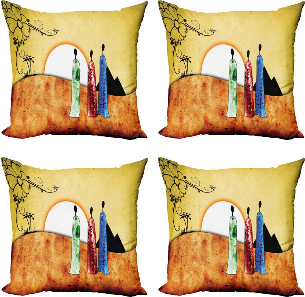 ABAKUHAUS afrikanisch Kissenbezug Set (4 Stück), Tribe Mit Blick auf Sonnenaufgang, Moderner Doppelseitiger Digitaldruck, 60 cm x 60 cm, Mehrfarbig