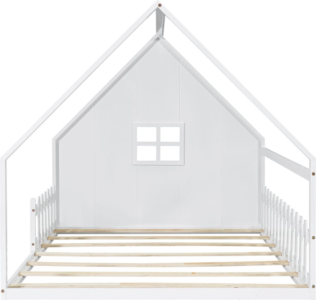 A white house-shaped bed frame with a window and a picket fence detail.