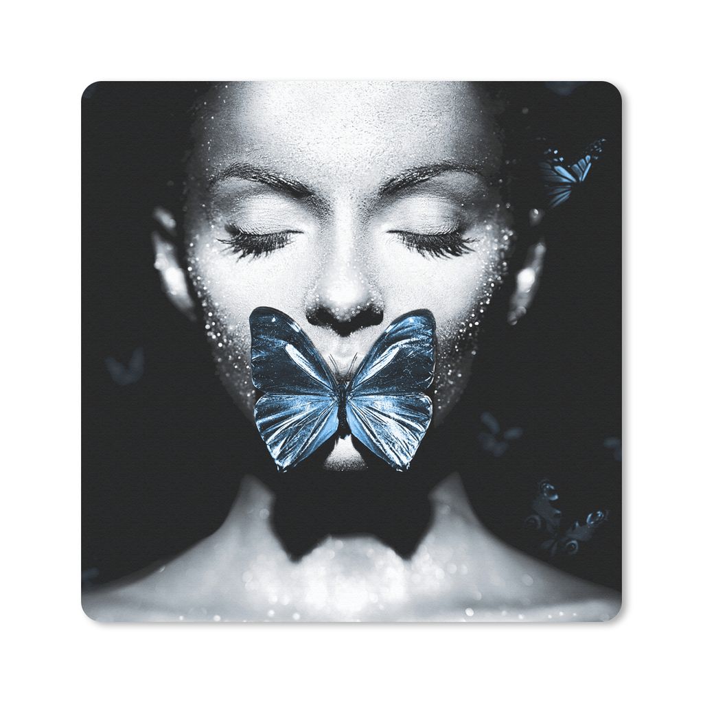 MuchoWow Mauspad Mousepad Frau - Schmetterling - Schwarz - Weiß 30x30 cm - Mousepads - Maus Mat - Pad - Mausunterlage - Gaming