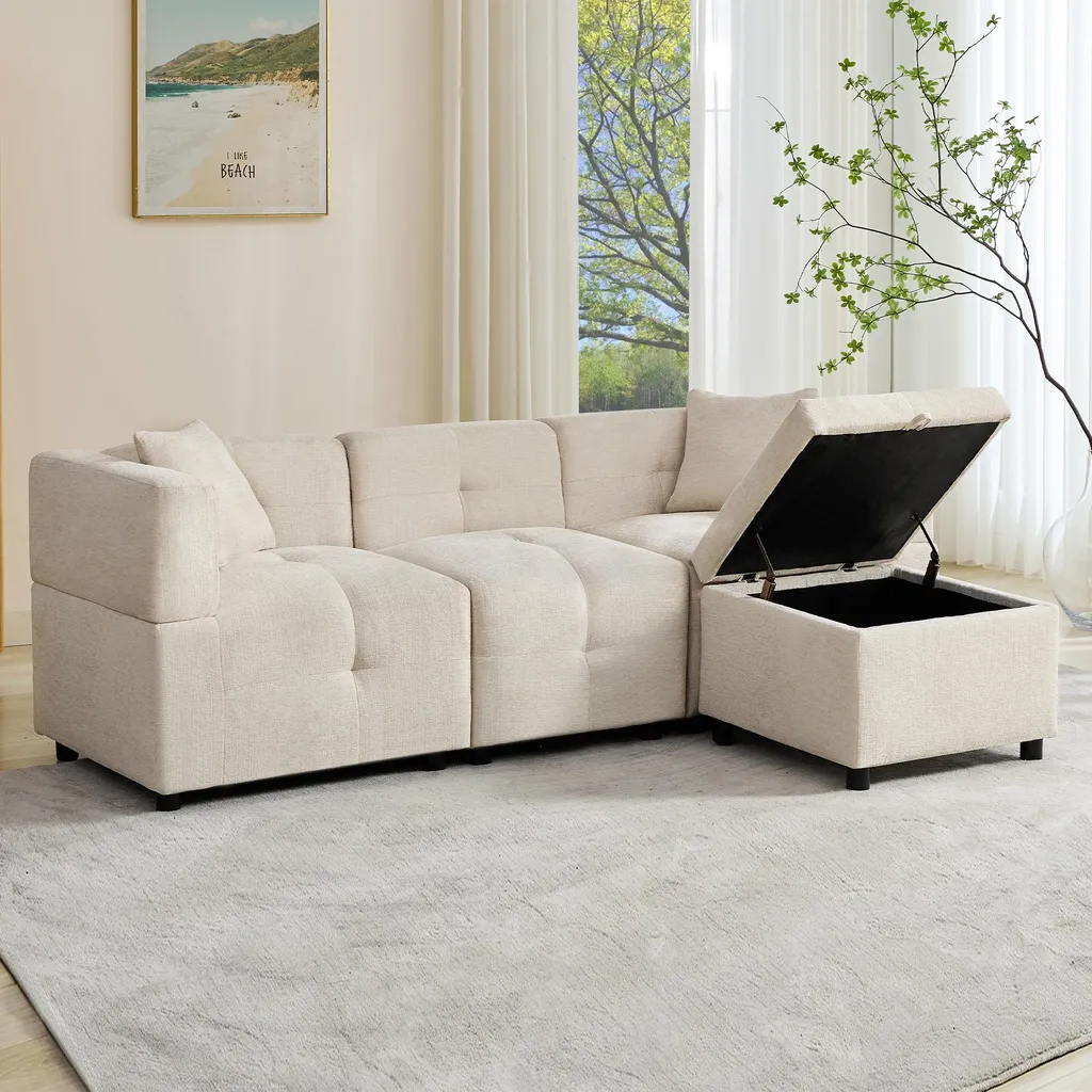 Canapé d'angle Merax 3 places beige en chenille avec fonction couchage