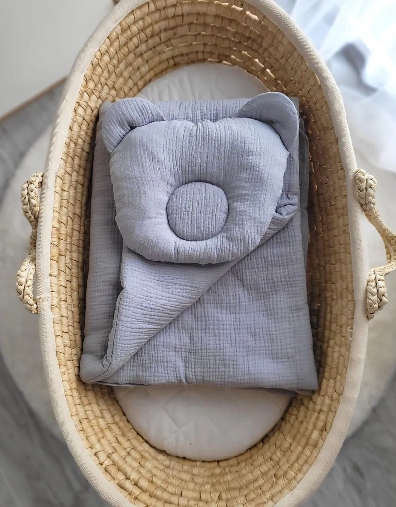 Anti-transpiration bébé : parure coton mousseline avec coussin gris
