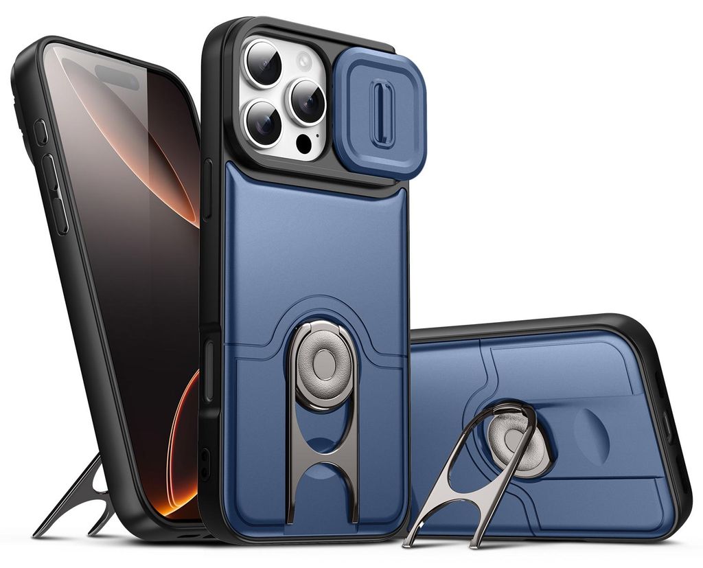 Handyhülle für iPhone 15 mit Dia Kameraschutz und Ringhalter Ständer, Stoßfeste Hybrid Schutzhülle Blau
