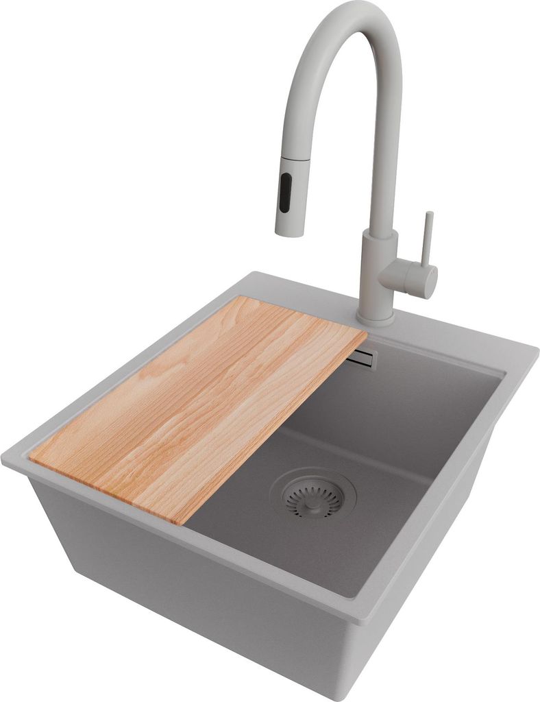 PRIMAGRAN Granitspüle Grau 43x50cm, Spülbecken 1 Becken + Küchenarmatur 40x20cm + Ablauf-Set + Schneidebrett, Küchenspüle ab 45er Unterschrank...