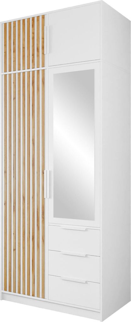 MIRJAN24 Kleiderschrank Tytus Lux D2 mit Schrankaufsatz, Garderobe mit 5 Drehtüren und 3 Schubladen, Aluminumgriffe, Kleiderstange, Frontspiegel (...