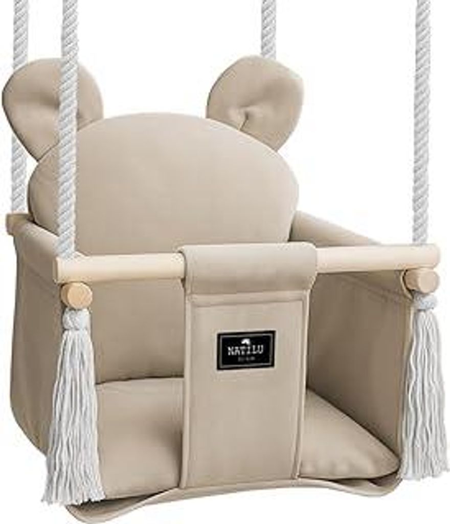 Babyschaukel Indoor Outdoor | Bär Light Beige Velvet | Babyschaukel | Baby schaukel Indoor | Kinderschaukel aus Holz | Holzschaukel für Kinder | ...