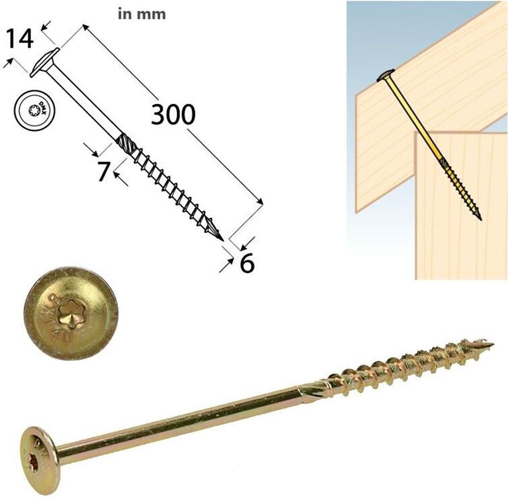 Tellerkopfschrauben 6,0x300 Konstruktionsschrauben Holzschrauben Set 50 Stück