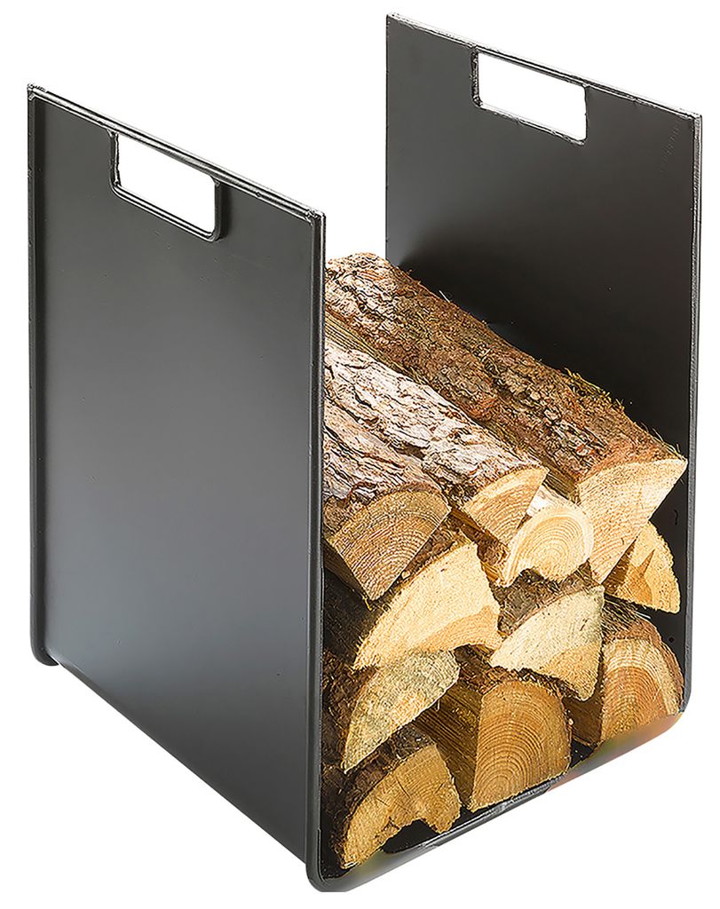 A black metal firewood rack filled with logs, presented against a white background.