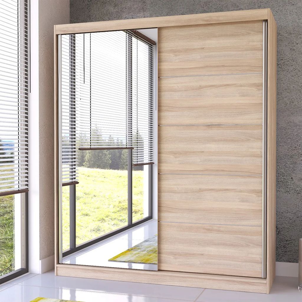 Schwebetürenschrank mit Spiegel in Sonoma/Sonoma Eiche
Breite:	183 cm
Höhe: 218 cm	
Tiefe: 61 cm
