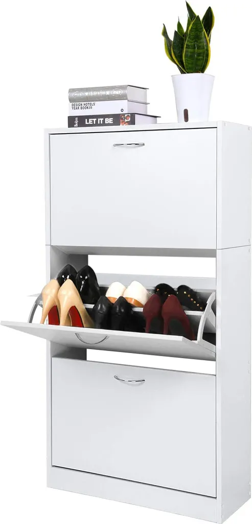 Rangement Chaussures Gain de Place pour Entrée 3 Abattants Blancs