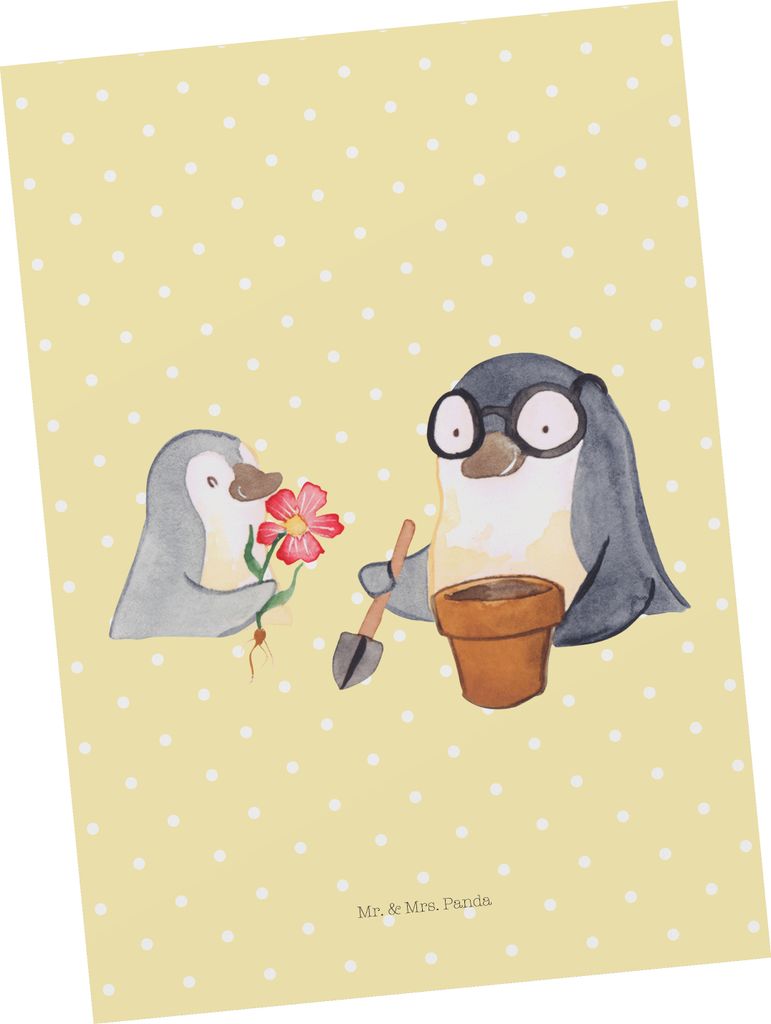 Mr. & Mrs. Panda Ansichtskarte Pinguin Opa Blumen pflanzen - Gelb Pastell - Geschenk, Postkarten, Postkarte, Grüner Daumen, einzelkarte, Ansichtsk...