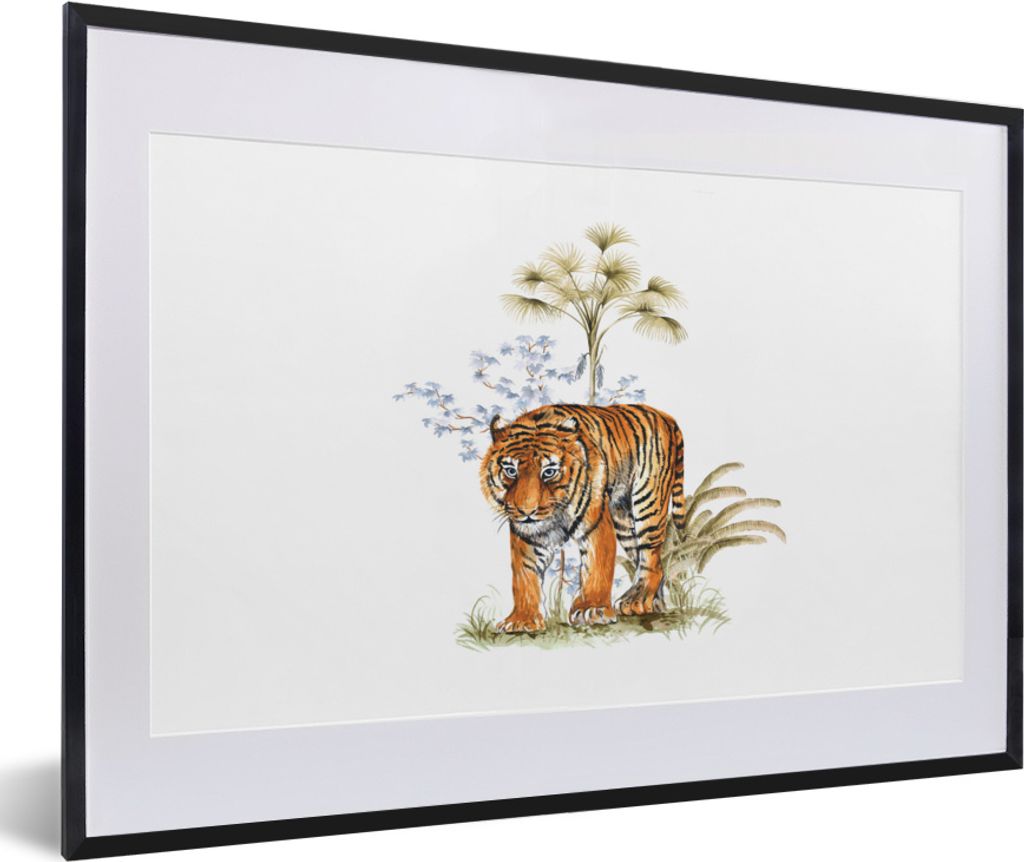 MuchoWow MuchoWow Gerahmtes Poster Tiger - Pflanze - Weiß 60x40 cm - Poster mit zchwarzem Bilderrahmen - Schlafzimmer - Plakat in Rahmen - Dru...