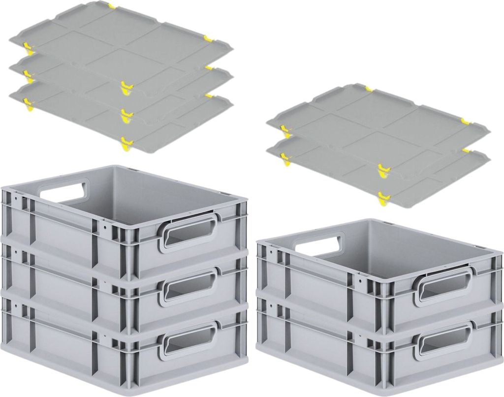 SparSet 5x Eurobox NextGen Economy mit Auflagedeckel und 4x Schiebeschnappverschlüsse Gelb | Griffe offen | HxBxT 12x30x40cm | 11 Liter | Eurobeh...