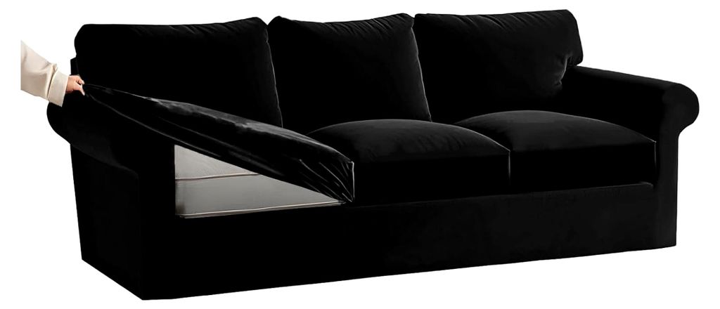 Ektorp Samt-Sofabezug mit Stretch, separaten Sitzkissen und Rückenlehne, flexibler 3er Sofabezug, schwarz, 7er Set