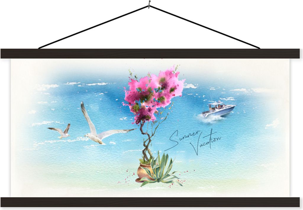 MuchoWow Textilposter Blumen - Boot - Vogel - Meer 60x30 cm mit schwarzem Rahmen - Textilien