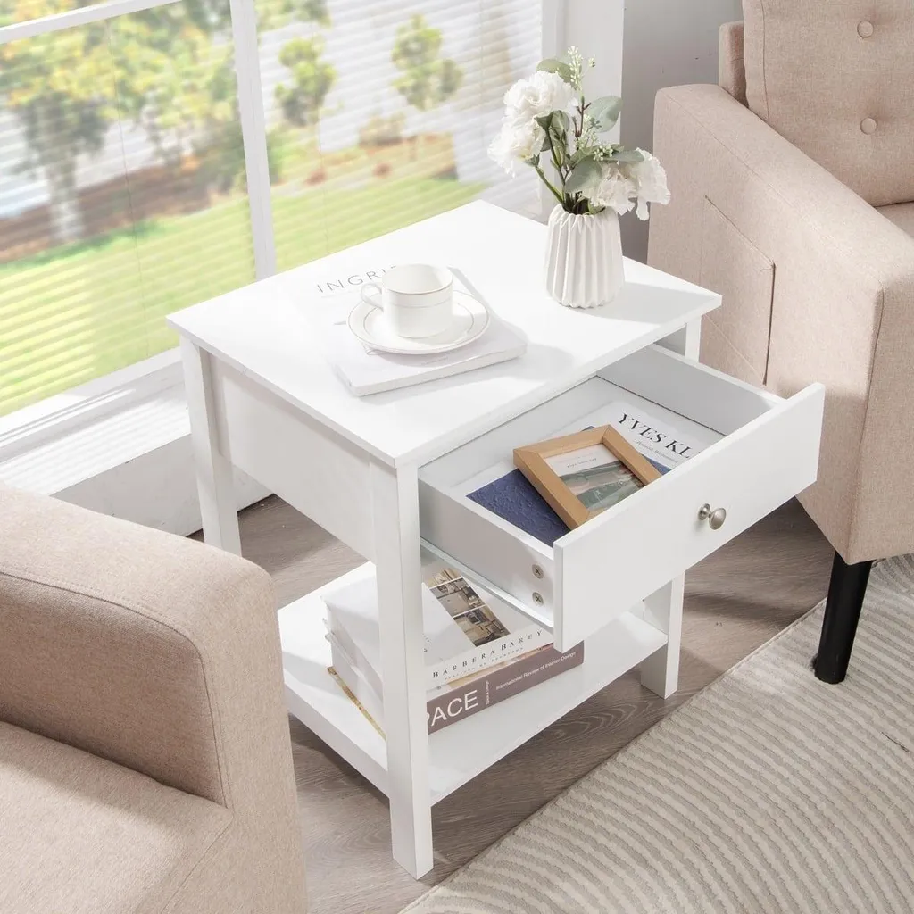 Table de chevet blanche à tiroir 48x40x58 cm - Ensemble de 2 pièces